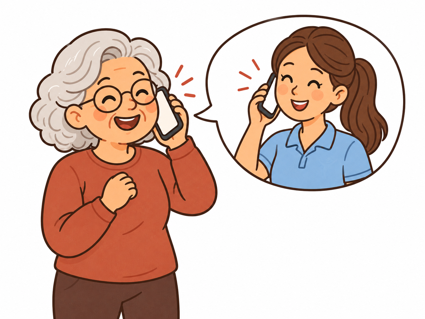Margaret on the phone at home, directly connected via speech bubble to her physical therapist at the clinic.